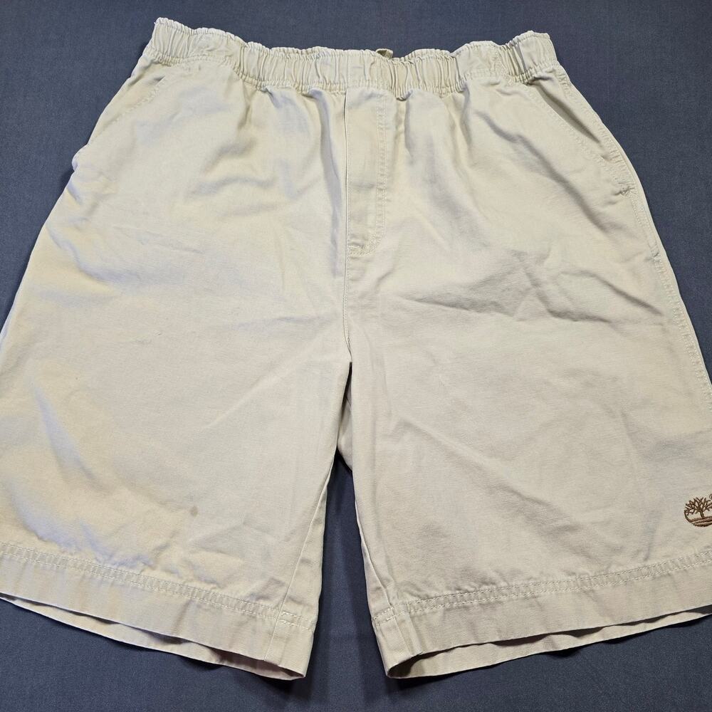 Timberland Tan Khaki Shorts Casual Pull-On Stretch Waist Pockets Men Size L Logo